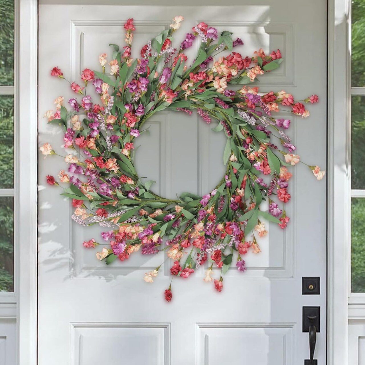 Front Door Wreath 24 Inch Spring/Summer Wreaths for Front Door, Front Door Wreaths for All Seasons for Indoor Outdoor Home Office Wall Window Wedding Farmhouse Decor (Red&Orange&Purple)